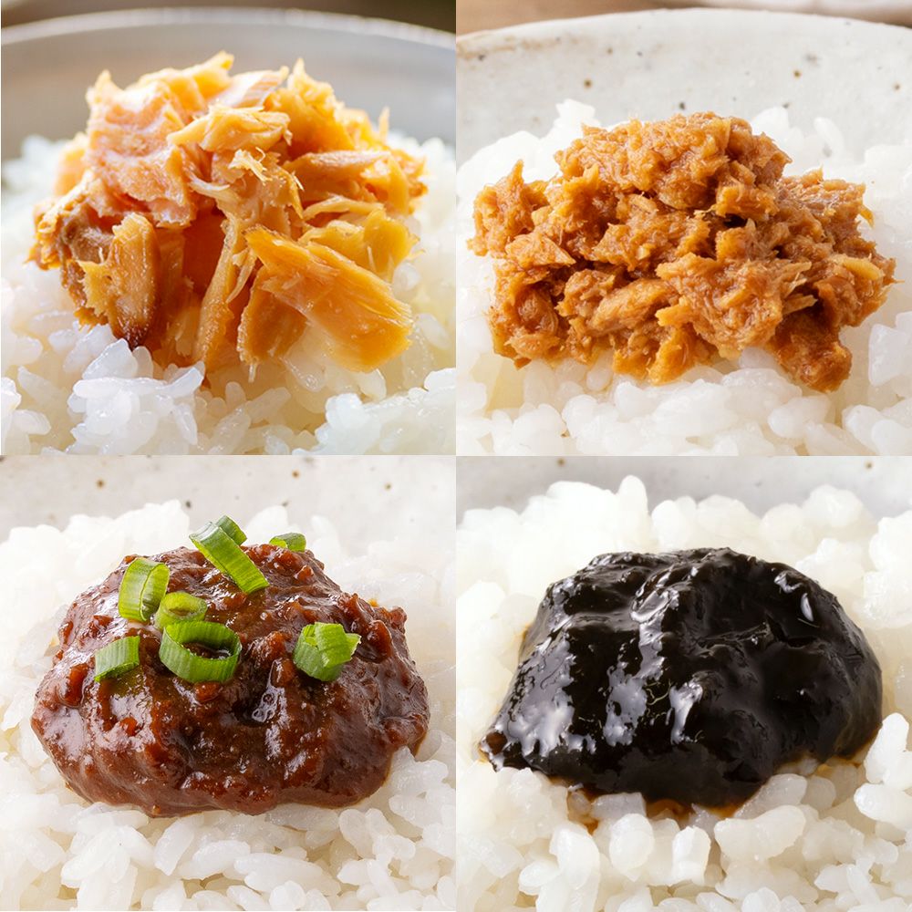 ご飯のお供 4本セット ～銀鮭焼きほぐし・かつおフレークにんにくオイル漬・焼うにみそ・のり佃煮～《常温発送》
